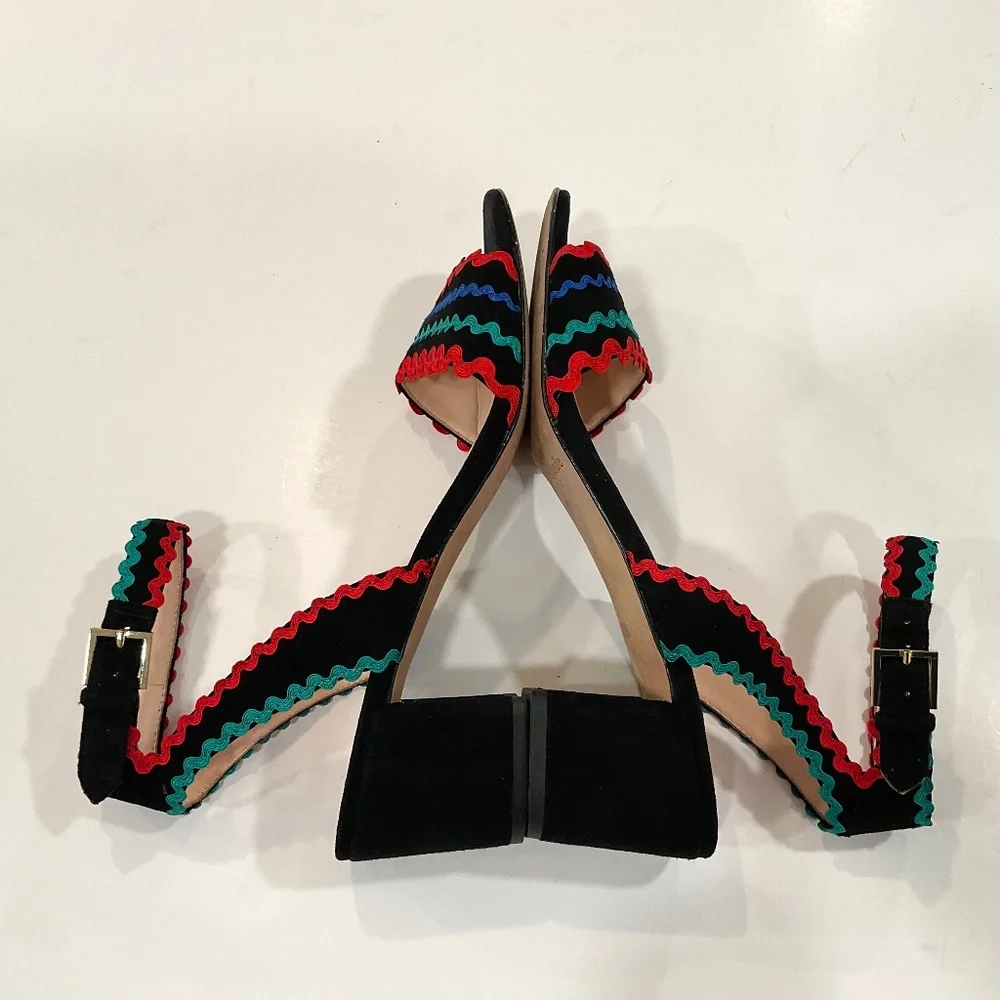 KATE SPADE Piedra Scallop Suede Block Heel Sandal Black/Multi Size 9